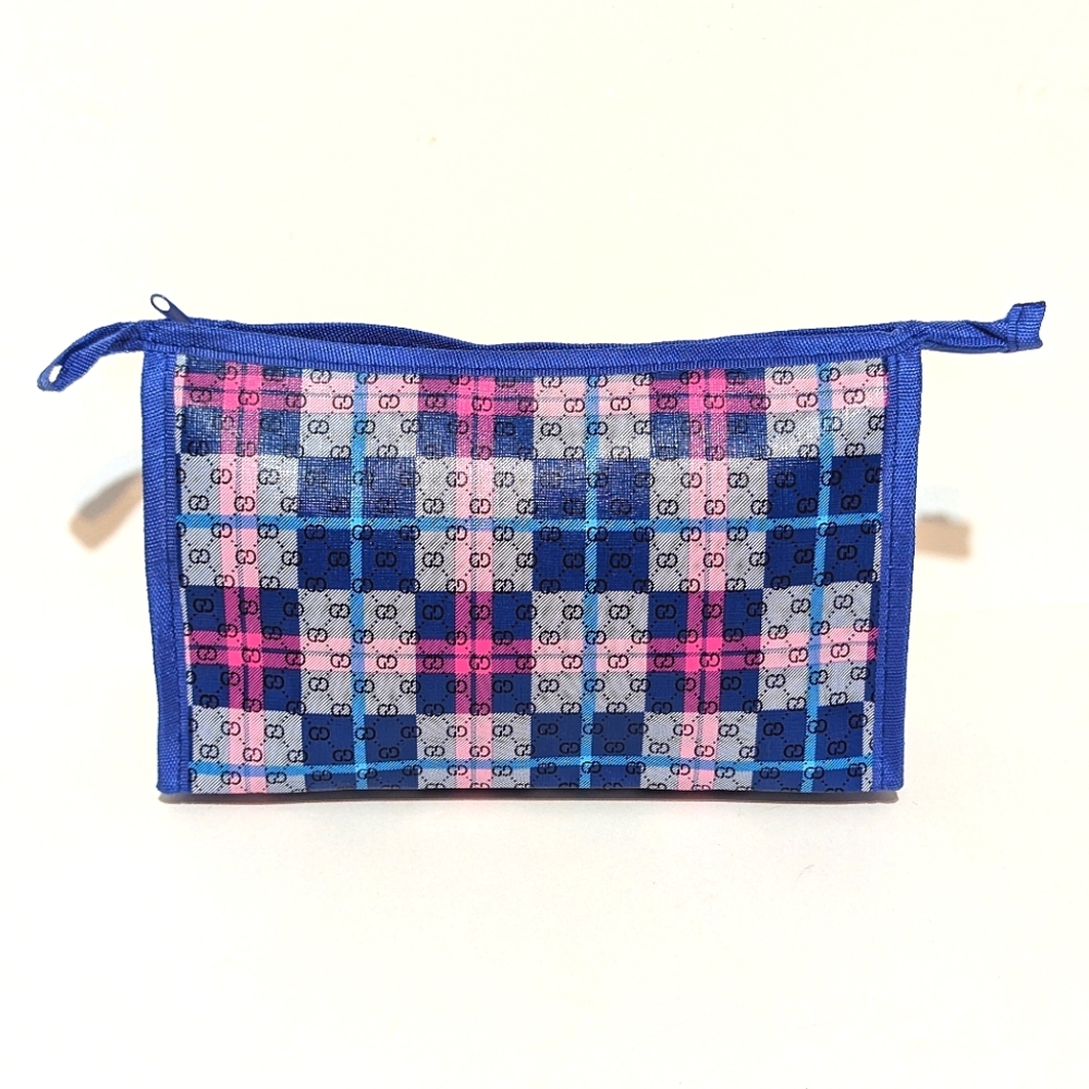 Blue and Pink Plaid Patterned Fashion Cosmetic Bag NWOT